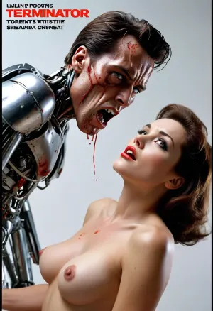 (Movie poster for a 1960s horor movie version of Terminator:1.1), Left side view, White background, woman is being penetrated by robot, screaming, naked, anal sex, anal penetration, Jessica Rabbit, cum on body, cum on face, robot is behind, standing sex, big Terminator, <lora:MJ52:1.4>