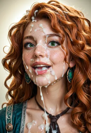 29 year old woman, surprised happy, super close hot of bukkake, cumshot, facial portrait picture of her face in cum facial, realistic skin with pores and light freckles, with natural minimal makeup, dark green eyes, excessive loads of long Cumshots on her face, cum on her long black eyelashes, Cum on her eyelids, Cum on her cheeks, her face drippin with Cum, Cum on her lips. cum on her hair, merida woman, cum on face, <lora:JustCum:2>, <lora:add-detail-xl:2>