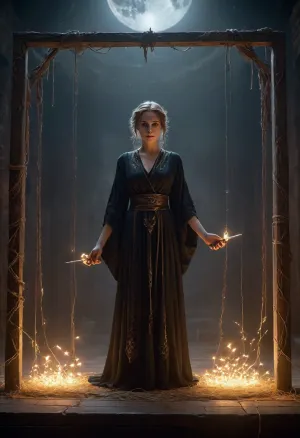 A solitary Moira stands in a timeless void, surrounded by floating strands of glowing thread that represent the fates of mortals. She wears a dark, ancient robe woven from stars and shadow, smiling, her eyes deep and unreadable like the night sky. In her hands, she gently holds a long golden thread, examining it with calm focus. Around her float glowing runes and symbols of life and death. One hand carries silver shears that glint ominously in the dim light. Behind her, the silhouette of an ancient loom looms in the mist. The atmosphere is heavy with silence and destiny. High-detail, fantasy realism, mythological energy, soft light and shadow