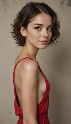Toned sexy 27yo french actress, small breasts, skinny, messy short hair, ((aroused)), (perfect face), perfect eyes, high detail, (short mesh red dress), smiling, shy, tan lines, sweaty, lot of sweat, ((sideboob))