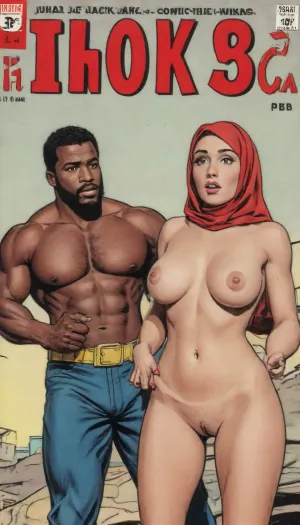 (one man, one female drawn:1.6), (illustration:1.6), (hand drawn:1.6), (comic book cover:1.6), (TITLE text, "Jihad Jack":1.6), (hijab:1.6), 25 years old tall voluptuous body, brown skin, huge natural sagging boobs, naked, random sexy pose, beside her standing a predatory strong black man in boxer shorts, (man is groping her tits:1.2), she is shocked, she screams, <lora:iltromba_artwork_style_smm_SDXL_LORA_v07:.5>, <lora:text:1.1>