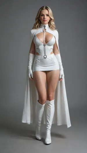 Emma Frost, The White Queen, X-Men, Marvel, tennager, oiled body, white leather harness, diamond slave collar, .full body, long boots, big breasts, really small waist, long perfect leggs, small skirt, withe cape