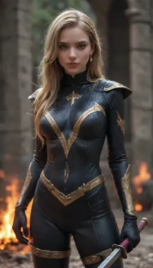 beautifull 18 year old russian woman, the woman is magik, magik from marvel mrivals, face of anya taylor joy the actres, perfect face, she is dressed in a tight x men bodisuit, blue an yellow x men bodisuit, she is holding a huge medieval sword, se has blonde long hair, slim body, skkinny body perfect big tits and thight ass, small waist, she is waiting to be fucked and ready for a fight, she is in hell, sourrounded by fire, ohwx, woman, <lora:668315_training_data:1>, <lora:anya_lora_sdxl_v1-000008:1>