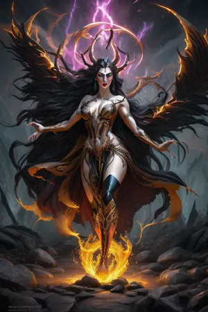 "A powerful and seductive Empusa stands at the center of an ancient ritual circle, surrounded by glowing magical runes etched into the stone ground, pulsing with crimson and violet energy. One leg is sculpted bronze, gleaming in the light, while the other is wild and demonic, covered in shadowy flame. Her eyes burn with unnatural light, and her long dark hair moves as if in waterless wind. Around her, the landscape glows with surreal energy – rocks levitate slightly, and the air shimmers with heat and magic. She wears a flowing, dark robe with molten gold embroidery, partially revealing her infernal form. The sky above is swirling with aurora-like patterns, casting eerie, colorful reflections on the terrain. The atmosphere is seductive, dangerous, and charged with dark enchantment. High-detail, cinematic lighting, dark fantasy realism, glowing magical environment