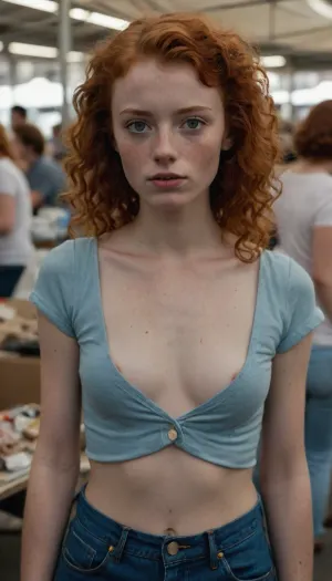 20 year old ginger girl, lots of freckles, light red hair, very curly hair, mullet, small upturned nose, thin lips, big eyes, skinny body, lanky body, thin crop tops shirt, no bra, pointy nipples, pokey, low-cut baggy blue jeans, at a busy flea market
