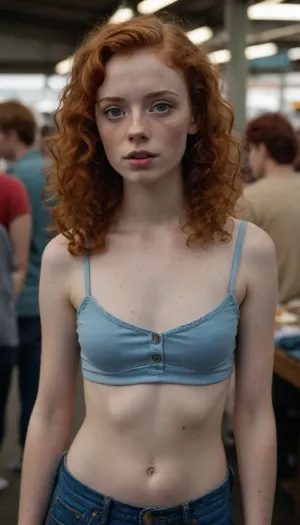 20 year old ginger girl, lots of freckles, light red hair, very curly hair, mullet, small upturned nose, thin lips, big eyes, skinny body, lanky body, thin crop tops shirt, no bra, pointy nipples, pokey, low-cut baggy blue jeans, at a busy flea market