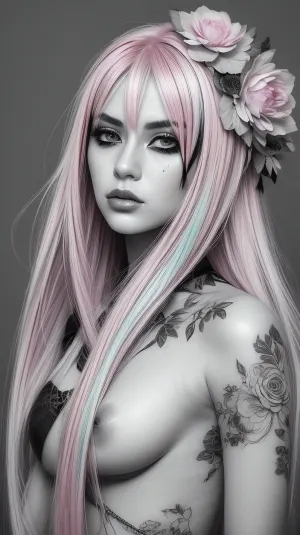 Prompt, A detailed portrait of a young woman with pink, teal and platinum rebellious, unruly hair. She has dark, expressive makeup with teardrop designs, and intricately inked tattoos on her arms, featuring colorful flowers, Her body is covered with wrapped grey bandages, The contrasting monochrome background highlights her striking features and vivid hair colors. Capture the somber yet captivating mood, focusing on her contemplative expression and stylish accessories. fantasy.