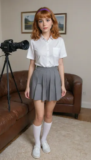 Daphne from scooby doo, daphne, orange hair, grey accordion skirt, white button up shirt, white thigh high socks, purple hairband, white sneakers, standing up, backroom casting couch, casting couch, looking at viewer, wide eyes, detailed face, nervous face, camera on tripod in the background