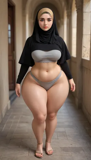 arab, hdr, ultra hd, full body, 5 mètre, pale skin, beautiful face, looking at viewer, blonde, big lips, swollen lips, hijab, voluptuous, pawg, medium breast, bottom heavy, huge massive gigantic ass, giant hips, hyper ass, extremely hyper hips, hyper wide hips, huge hips, hyper thighs, huge thighs, thick thighs, massive hyper thighs, massive hyper hips, massive thighs, wide hips, thighs bigger than waist, pear shaped, grey underwear, hard light, waist shot