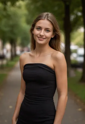Nadine is a beautiful 20-year-old German girl who lives in Berlin and is studying. She is rather shy, always rather dreamy, likes ballet and swimming. Nadine has very long dark blonde hair, which she usually wears in a very tight ponytail or bun. She has an even, still girlish-looking face with green eyes and full eyebrows, a beautifully shaped narrow nose, a curved mouth and a charming, quiet smile. Nadine is not very tall, has a delicate figure, is slim and athletic, has a narrow waist, a very flat stomach, beautiful legs, rather small firm breasts. 3/4-body front view of sadly smiling tanned Nadine wearing a traditional long black high-necked tube dress waving goodbye with one arm, wavinf with one arm, 1994, deep suntan, hot summer sunny day, ((dressed people in blurred background:1.5)), detailxl, strapless, tube, dress, bodycon, <lora:681678_training_data:.8>, <lora:Plain_tube_dress:.8>