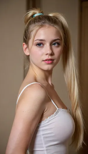 beautiful blonde 18 years old with ponytails woman, lewddungeon, background walls, <lora:tiedbreastsblue_XL_reg0_:.5>