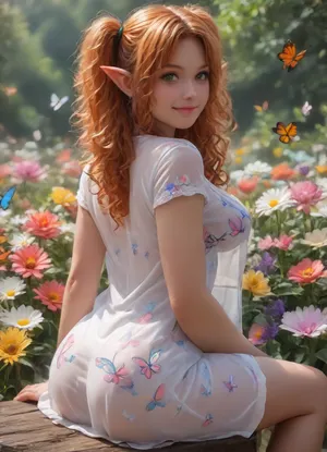 score_9, score_8_up, score_7_up, masterpiece, 1girl, beautiful, (curly hair:1.3), long and voluminous, (orange hair:1.5), and she has very thick hair, (pigtails:1.3), (she has huge bright green eyes:1.3), (sharp elf ears:1.4), sexy legs, long legs, slender pale body, pale skin, (natural big breasts:1.3), athletic build, slim waist, narrow hips, round ass, seductive, serene, pristine beauty, pure, lively, pink lips and makeup, hot girl, (erotic transparent long nightshirt with flowers-butterflies print:1.3), cleavage, butterflies, flowers, splattered flower effect, looking at viewer, meadow, sitting, (from behind:1.3), ass accent, (cheshir smile:1.3)