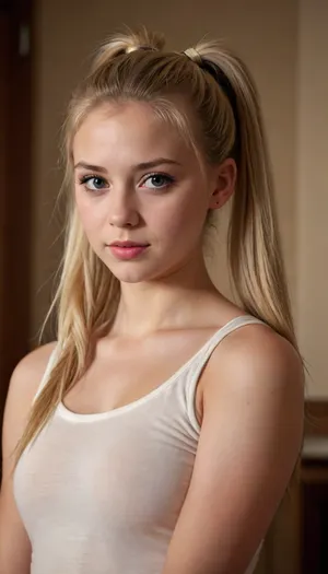 beautiful blonde 18 years old with ponytails woman, lewddungeon, background walls, <lora:tiedbreastsblue_XL_reg0_:.5>