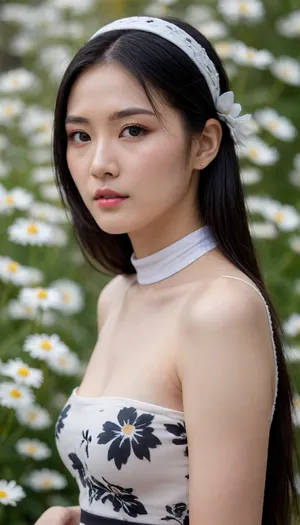 4k ultra-high definition images of Korean women, showing the soft and elegant demeanor of Korean women. She had fair skin and long black hair held in place by a light-colored headband. She wore a high-necked white turtleneck, (the top was open over her smaller chest, exposing her nipples), and a black floral dress with white daisy-like flowers on it. Her makeup was kept natural and minimal, highlighting her clear complexion and expressive eyes. The background is soft and blurred, reminiscent of an outdoor night scene. Her expression looked calm and thoughtful.