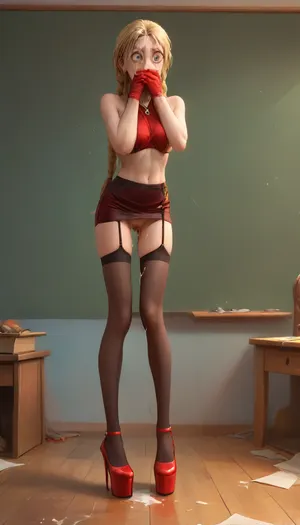 A young adult 18-year-old skinny girl in a red micro pencil skirt, standing by side, wide baggy tank top, (((((side boobs visible))))), full-length shot, very tall, slender, very long straight hair, dye cold blonde with black regrowth, red lipstick, big gold earring, black bow on the head, she looks like very disappointed, cum on face, cum in hair, dressed in a red micro pencil skirt and stockings with garter belt, no panties, girl is wearing red stiletto high heels fetish platform shoes, very long legs, flat belly, toned body, toned arms, toned legs, heavy black eyeliner, black glasses, shocked face, (((wide eyed expression))), (((both Hands covering mouth))), Very hard big nipples. Very skinny body. Lifting up skirt to expose pussy, black stockings with garter belt. creampie in ass, duck lips, Full scene in a classroom with toys on ground, point of view. pussy covered with loads of cum. Cum covering body, cum covering clothes, A lot cum all over her body. Bukkake all over the body of the woman., cum on lips, look at the face in the camera, gigantic breasts, saggy tits, black_choker, looking_at_viewer, cum dump, gaping pussy, after sex, cum dripping from the open gape, she looks like very angry, angry eyes, sagging, breasts, youngAdult, <lora:sagging-000015:.5>, <lora:YoungAdultSDXL:1>, <lora:Animated_Concept:.4>, <lora:j_Manhwa_sdxl:.8>, jinx, (league, of, legends\), 1girl, solo, braids, single, elbow, glove, short, shorts, bikini, top, only, necklace, belt, fingerless, gloves, <lora:jinx:.8>