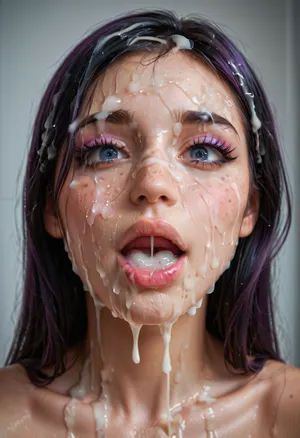 29 year old woman, shocked happy, super close hot of bukkake, cumshot, facial portrait picture of her face in cum facial, realistic skin with pores and light freckles, with natural minimal makeup, dark blue eyes, excessive loads of long Cum on her face, cum on her long black eyelashes, Cum on her eyelids, Cum on her cheek skin, her face wet with Cum, Cum on her pink lips. cum on her hair, Violet parr woman, cum, on, face, ruined, makeup, <lora:JustCum:1.9>, <lora:ruined1:.9>, <lora:Pink_Lips:.9>, <lora:add-detail-xl:.5>