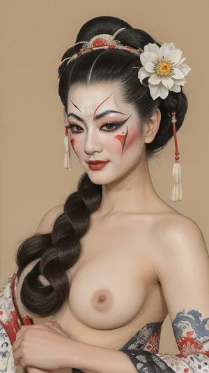 concept art, Actress of traditional kabuki theater, topless, Japan, 19th century, dark hairstyle, makeup, art by Dustin Nguyen, <lora:TK_CCE_V1.00-SD15:.5>