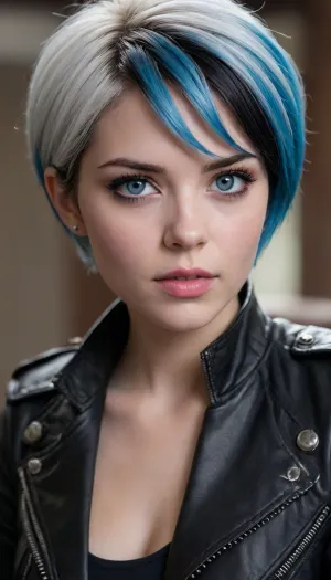 Luna snow de marvel rivals, luna snow de marvel comics., petit 18 yo, (((Short twocolor hair)), ((withe hair)), (Black hair)), (small leather rocker jacket), (blue eyes), ., <lora:580159_training_data:1.7>, <lora:668315_training_data:.1>, <lora:Microwaist_XL_v01:.7>