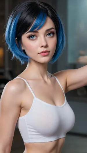 Luna snow de marvel rivals, luna snow de marvel comics., ella es una dj pop qué tiene el poder del invierno para hacer bailar a la gente, ella una una chamarra de piel y short blancos, ., (Big blue eyes), (((Short twocolor hair)), ((withe hair)), (Black hair)), <lora:580159_training_data:1.7>, <lora:668315_training_data:.1>, <lora:Microwaist_XL_v01:.7>