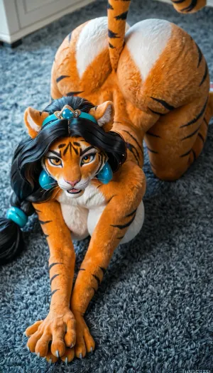 Princess Jasmine, transforming into a tiger, large perfect breasts, huge bubble butt, long lucious tail, furry paws, Anthro, (animal), girl, Furry, Body, covered, with, fur, skin, <lora:463258_training_data:.8>, huge, ass, breasts, big, hips, narrow, waist, <lora:BodyLicious:.8>, all, fours, arching4s, <lora:arching4s:.8>