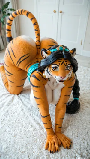 Princess Jasmine, transforming into a tiger, large perfect breasts, huge bubble butt, juicy bubble butt, long lucious tail, furry paws, Anthro, (animal), girl, Furry, Body, covered, with, fur, skin, <lora:463258_training_data:.8>, huge, ass, breasts, big, hips, narrow, waist, <lora:BodyLicious:.8>, all, fours, arching4s, <lora:arching4s:.8>