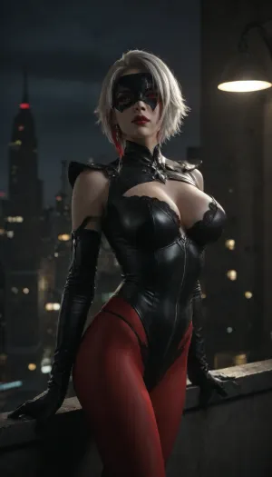 score _9_up, UHD 8K, big breasts, arlecchino_\, (genshin_impact\), white hair, Mascara running, ((Red glowing pupils)), extreme realism, maximum detail, slim figure, detailed skin, real lighting, ultra high details, super waist, perfect anatomic body, seductive Look, black_gloves, Girl on the roof of a skyscraper in New York, NSFW, sky background, night, superhero pose, seamless transparent red pantyhose, (epaulette with peaks), spiked leather mask, Black lace bondage thong bodysuit, Malice, <lora:580159_training_data:.5>, <lora:dark:.4>, <lora:arlecchino_new:.5>