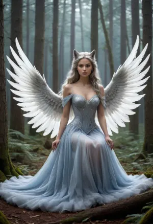 A graceful Sylph sits elegantly atop a massive, silver-furred wolf as they move through a misty twilight forest. The Sylph is ethereal, with translucent wings that shimmer like moonlight and long flowing hair that moves with the wind. Her gown is made of soft, glowing air currents, decorated with floating feathers and light sparkles. She holds a staff of carved windwood, and the air around her shimmers with tiny, swirling breezes and glowing particles. The wolf’s eyes glow softly with wisdom, and its fur flows like living fog. Wind swirls through the trees, leaves lifting in spirals, and shafts of soft blue and silver light break through the canopy. The mood is magical, serene, and full of hidden power. High-detail, fantasy realism, dreamlike lighting, soft blues and silvers