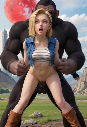 Android 18, extreme ahegao face, looking up, very slim, abs, brown boots, short sleeveless denim jacket, striped top garment, black fingerless gloves, thigh gap, exposed pussy and legs, shaved pussy, standing, arched back, bent over, girl is smaller, (doggy fucked by giant brown gorilla beast, beast is really tall), gorilla beast has monkey tail, howling, gorilla beast is flexing legs, grabbing arms and hips, massive penis in vagina, vaginal penetration, squirt dripping massively, outdoor, red moon, detailed background, sysdeep_android18, namek, blue, grass, green, sky, water, tree, building, plateau, hill, mountain, ocean, village, oozaru, red, eyes, glowing, no, sclera, pupils, monkey, tail, teeth, prick, ears, ape, gorrilla, humans, solo, giant, miniature, person, cramped, inside, a, room, <lora:Android 18 - [Dragonball] - SDXL Version 2:.8>, <lora:NamekXL32:.8>, <lora:checkpoint-e81_s1296 (1):.8>, <lora:loha_giants_shrinks-tokens_see_civitai_page-0.8_weight-by_AI_Characters:.3>, style, of, akira, toriyama, <lora:toriy4m4_v4-000007:.8>