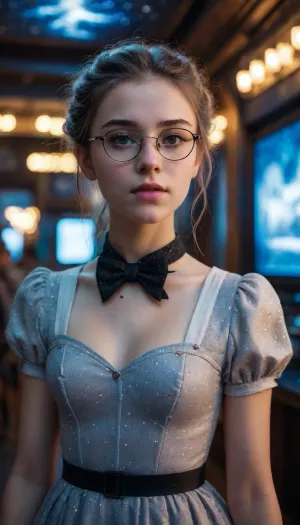 A very beautiful 18-year-old girl starry night, cyberpunk, glasses, led, victorian, dress, <lora:289049_training_data:.5>, <lora:victorian_dress-XL-2.0:.5>