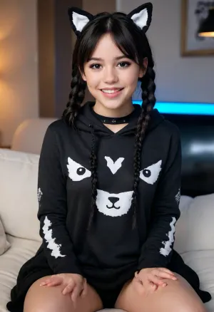 young 20 years old slender egirl, playful smile, perfect teeth, black hair, cute face, egirl makeup, freckles, (girl sitting on the sofa with her legs spread), (girl shows her pussy:1.2), choker, fluffy black hoodie with fox ears, high socks, (no panties:1.3), small pussy, smooth pussy, night, night neon light, black, (highly detailed face:1.3), w3dnesday, braided, pigtails, <lora:w3dnesday_100:.8>