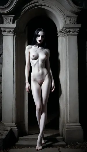 High contrast, Alternative, 18, goth, cemetery at night, tomb doors are open, non-uniformity, shadow figure, super position, transformation, skin painted pale white, seductive, imposing, killer's confidence, troll tail, bathing in tears, mascara, mysterious presence, haunting presence, stunning long legs, dangerous visitor