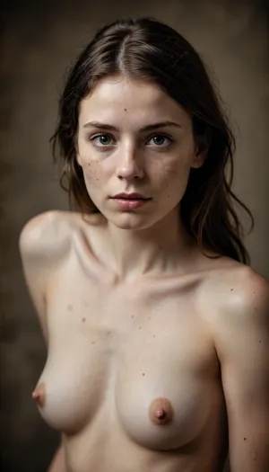 A nude portrait of a young petite woman in the style of 19th-century wet plate collodion photography without colours. The image is extremely sharp and high contrast, emphasizing fine skin details such as dimples, freckles, moles, and natural skin texture. The lighting coming from her right side is stark and dramatic, illuminating the contours of the body and face while casting deep shadows., ((Shallow focus)), The background is a rich, matte black, enhancing the subject’s presence. The overall tone is timeless, raw, and artistic, evoking the depth and mood of antique photographic processes. Edges of a picture are in poor condition.
