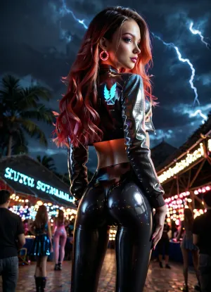 (view from back), beautiful east european tall supermodell, red straight very long hair, red hair, 20 years cute, hand grabbing pussy, side by side, makeup, (super thin long legs:.7), (wide skinny gap:1.5), (skinny:1.3), pink fur jacket, extra big plateau boots, black latex leggings tiny low waist ultra shiny black, black shiny leggings, ((on dance flore off musik festival, girls musik flore)), perfect illumination cameltoe, deep detailed cameltoe, round and firm butt, round and firm ass, ultra high resolution picture, complex 3d render ultra detailed, ((back view)), latex, matte, shiny, inflatable, glowneon, glowing, sparks, lightning, metallic, <lora:dark:.6>, <lora:shinylatex-merged:1.9>, <lora:glowneon_xl_v1:.7>, <lora:EnvyMetallicXL01:.8>