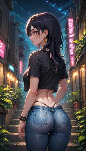 score_9, score_8_up, score_7_up, 1girl, solo, jewelry, from_behind, black_hair, ass, tight_jeans, bracelet, earrings, facing_away, shirt, long_hair, panties, crop_top, underwear, short_sleeves, outdoors, hoop_earrings, night, black_shirt, highleg_panties, thong, stairs, spiked_bracelet, highleg, spikes, denim_pants, sky, black_panties, back, standing, neon_lights