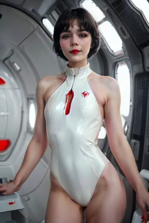 small russian girl, tiny, petite, skinny, pale skin, ((black hair, short bobcut hairstyle)), large wide open grey eyes, red puffy lips, enigmatic smile, very tight white latex jumpsuit with red inserts, hard protruding nipples, cameltoe, slender legs, in the interior of futuristic space station, cyberpunk, retrofuturism, (full-length image:1.3), AlSe, <lora:AlSeReal:.8>