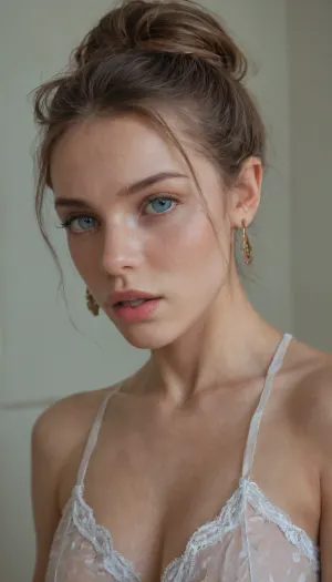 athletic 18 yo girl in Russian village, big blue eyes, beautiful rectangular face, expressive cheekbones, oild skin, photorealistic, detailed face, blue eyes, moaning, looking at me, Horny pose