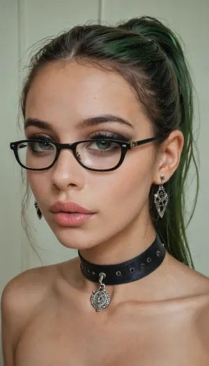 masterpiece, award winning photo, detailed face, realism, passion, lust, ultra realism, UHD 8K, extreme realism, maximum detail, realistic face features, close up face, sweetest lips, glossy lips, full lips, finger on lips, horny, realistic girl, latina, young with innocent face, realistic photo, egirl, small nipples, tits out, black choker, realistic face, showing tits, perky tits, ponytail hairstyle, realistic eyes, shemale, gothic, green hair, wing tip eyeliner, black frame glasses, <lora:568214_training_data:.8>, <lora:add-detail-xl:.8>, <lora:765092_training_data:.8>