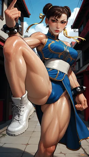 masterpiece, best quality, high resolution, hires, score_9, score_8_up, score_7_up, score_6_up, ((Chun_Li from Street Fighter)), incase, style, ratatatat74, solo, close up, medium breasts, (muscular body, wide hips), ((thick thighs)), sweat, eyes looking at viewer, detailed pupils, smirk, standing on one leg, fighting pose, white sneaker, cameltoe, detailed, day, city street, <lora:287175_training_data:1.5>, <lora:ratatatat74-000050:1.3>