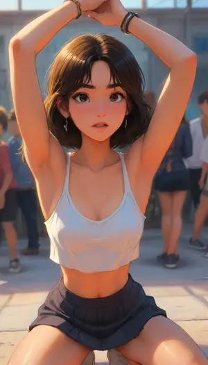 blond woman、She's 27、arms are restrained、Crouching position、armpits are visible、Armpits are beautiful、on the steps、makes you drool、pees、shaking、angry、sheds tears、hatred、for the 5th time、pants on my head、skirt with my hand sandwiched between my legs, best quality, 8k, insane details, intricate details, hyperdetailed, hyper quality, high detail, ultra detailed, professional, HDR, ray tracing reflection, cinematic lighting, highlydetailedbody, realisticface, highlydetailedhair, insanelydetailed, 8K.highdetailedskin, highresolution, perfectfingers, (j_cartoon:1.5), Drawing, <lora:detailed_notrigger:1>, halxbailey, <lora:halbailey_juggerX_xl_1_st_woc_merger_50_127_03_07-halxbailey:2>, <lora:samdoesarts1.1-000030:.4>, <lora:J_cartoon:.3>, <lora:Animated_Concept:.4>