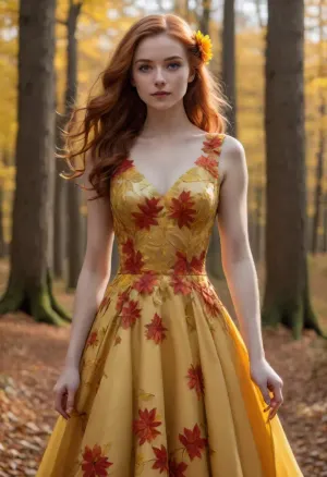 woman, 20 years old, masterpiece, best quality, Fr3ckles, long hair, ginger hair, grey eyes, (freckles:.3), autumn forest, (evening, the rays of the setting sun bizarrely illuminate the leaves on the trees:1.3), (yellow and red leaves on the trees), gloves, style-widow, (flower, dress:1.4), (ral-dissolve:1.7), <lora:xl_flower_dress-1.0:.5>, <lora:ral-dissolve-flux:1.3>