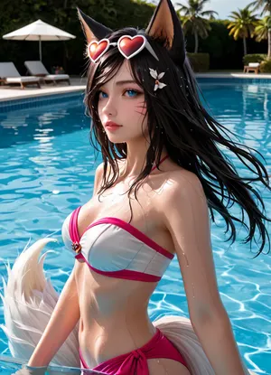 Pool Party Ahri from League of Legends, black hair, white fox tails, black fox ears, blue eyes, slender body, medium breasts, walking out of pool, pink strapless bikini, heart sunglasses, wet glistening body, wet hair, Side view, sexy pose, water running down chest, water running down arms, ultra detail, (((white fox tails:1.4))), (((wet hair:1.3))), (((black fox ears:1.4))), <lora:arcane-xl:.8>
