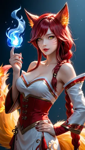 Foxfire Ahri from league of Legends, Dark Red hair, Braided Ponytail, slender body, medium breasts, Fiery fox tails, side view, glowing yellow eyes, sexy pose, one hand on hip, one hand holding magic blue-fire, ultra detail, (((Dark Red hair:1.3))), (((Fiery Fox Tails:1.3))), (((holding blue magic:1.2))), ahri, 1girl, long, hair, animal, ears, whisker, markings, korean, clothes, cleavage, detached, sleeves, <lora:ahri_sdxl_lowlearningrate-000024:.8>