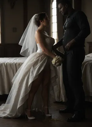 A luxurious and elegant bridal suite. A beautiful white wedding dress carefully laid out on the bed, ((extra large black penis)), (((a black skin man pissing on wedding dress and pissing on bridal bouquet))), next to it a delicate bridal bouquet with soft pastel flowers. On the floor near the bed, a pair of elegant white high-heeled bridal shoes. The room is bathed in soft natural light coming through large windows, with tasteful decor, golden accents, and a romantic atmosphere. High-end, editorial style photo, soft focus background, dreamy and refined aesthetic. realistic lighting, soft shadows, high detail, hyperrealistic, 8K, BadX, dvr-shrp, <lora:dark:.6>, <lora:dvr-shrp:.8>, <lora:Image Enhancer XL Extreme v1:.8>