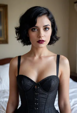 ashen black hair cut in short pixiecut with textured waves, black lips, intimate bedroom portrait, strict cotton corset, large doe eyes