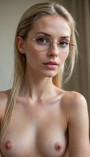 (45 years old naked scandinavian woman with the skinny body of a ballerina), entire body including legs and feet in half profile, very skinny body, dry muscles, mohawk updo hair, narrow face, long narrow neck, tall, (8k, RAW Photo, Highest Quality), (Epic Realism:1.5), Hyper Realistic, (Detailed Eyes:.8), (Looking at the camera:1.4), (Superior Quality), (no Shadow), Intricate Detail, Cinematic, Outside Light, Detailed, Muted Colors, just one girl, vulgar pose, sweet erotic face, big round metal wire glasses, (long blonde straight middle parted slicked back hair:1.3), [], (film grain length, 25mm, f/1.2, DoF, bokeh, focus on face, ultra-detailed skin, perfect bright eyes, skin pores, muscle tone and definition, prominent limbal ring, high-contrast eyes, finely detailed features:.7), 0.7, thin, legs, narrow, hips, breasts, <lora:epiCRealismHelper:.5>, <lora:epiCRealLife:.5>, <lora:Thinlegs:.8>, <lora:ttpt-fC-v2:1>