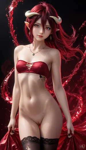 (young girl, long red hair, small petite body, skinny), (long Textured Haircut), (Ruby Rose Hairstyle), (heterochromia, multicolored eyes), (170cm high), (slim, fit, physique), (edgy style), (dark nails), (silver necklaces and earrings), (tattoos), (tattoos 50% body), (small breasts), (perky breasts), (flat stomach), (small ass), (round ass), (firm ass), (toned legs), (lean legs), (feminine legs), (Erotic pose slightly sideways), looking at viewer seductively, thin, narrow waist, beautiful face, golden armor, goddess, little tits, fantasi, gothic, dark fantasy, white, golden, (Dynamic pose, hands behind your back), (glossy oiled skin, Tan lines), (in super sexy very lace transparent underwear red colour), naked pussy no panties under dress, (A part of the silk dress lies sexy between the legs), (red, ruby, black, multicoloured silk fabric, very transparent fabric), UHD 8K, extreme realism, High skin texture, maximum detail, Gothic girl, charming girl, looking directly at the viewer, a light inviting smile, slender figure, (Demonic horns, Elegant elf ears), black+red Long satin transparent dress, dress with ragged edges, beautiful elastic ass, sexy feminine hips, sexy legs, small breasts, black sexy lace stockings, torn stockings, red glowing pupils, all in black+red shades, Multicolour Ruby Rose Hairstyle, black+red eyes, black+red makeup, black+red jewelry, black+red glowing background, multicolour glossy black+red, albedo_, (overlord), dress, zavy-splsh, paint, splash, water, flat, chested, <lora:EnvyZoomSliderXL01:2>, <lora:scarlem:1>, <lora:xl_water_dress-1.0:1>, <lora:zavy-splsh-sdxl:1>, <lora:flat_chested_v3.5:1>