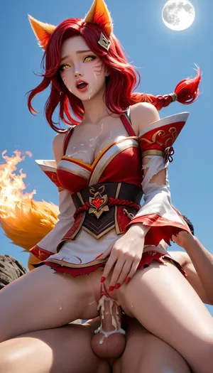 Foxfire Ahri from league of Legends, Dark Red hair, Braided Ponytail, slender body, medium breasts, Fiery fox tails, ripped clothes, ahegao, Below view, glowing yellow eyes, sex from behind, getting fucked by human man, Doggystyle, big dick, cum in pussy, cum on ass, cum on face, cum on breasts, full moon background, ultra detail, (((Dark Red hair:1.3))), (((Fiery Fox Tails:1.3))), (((On hands and knees:1.2))), (((sex from behind:1))), (((ripped clothes:1.4))), ahri, 1girl, long, hair, animal, ears, whisker, markings, korean, clothes, cleavage, detached, sleeves, <lora:ahri_sdxl_lowlearningrate-000024:.8>