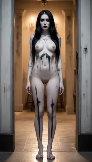 High contrast, supernatural ghost girl, alternative, 18yo goth, black very very long hair, skinny, wide hips, cemetery at night, tomb doors are open, non-uniformity, shadow figure, transformation, (skin painted pale white:1.7), seductive, imposing, killer's confidence, troll tail, bathing in tears, mascara, mysterious presence, haunting presence, stunning long legs, dangerous visitor, burning eyes, ghost girl, barefoot, ((black tattoo)), ((black pubic hair, haired pussy:1)), incoming, clawed hands