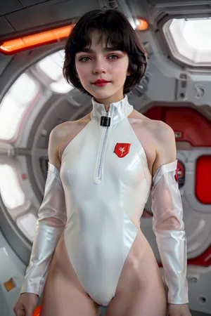 small russian girl, tiny, petite, skinny, pale skin, ((black hair, short bobcut hairstyle)), large wide open grey eyes, red puffy lips, enigmatic smile, very tight white latex jumpsuit with red inserts, hard protruding nipples, cameltoe, slender legs, in the interior of futuristic space station, cyberpunk, retrofuturism, (full-length image:1.3), AlSe, <lora:AlSeReal:.8>
