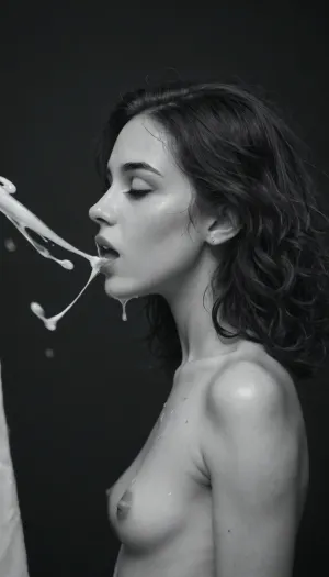 Highres, extremely detailed, 8k photo, (black and white:1.8), professional portrait, side view, best quality, soft natural light, intricate details, realistic, UHD, masterpiece, 18 years old, brunette petite skinny girl, wet messy hair, small ass, small breast, perfect body, massively oiled body, eyes closed, moaning, dark room, black background, man is jerking standing in front of kneeing girl, ((Massive cock:1.1)), (ejaculation:1.8), .